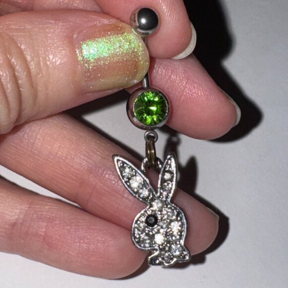 Clear Rhinestone Play boy-looking Bunny Dangle Belly Ring - Picture 1 of 9